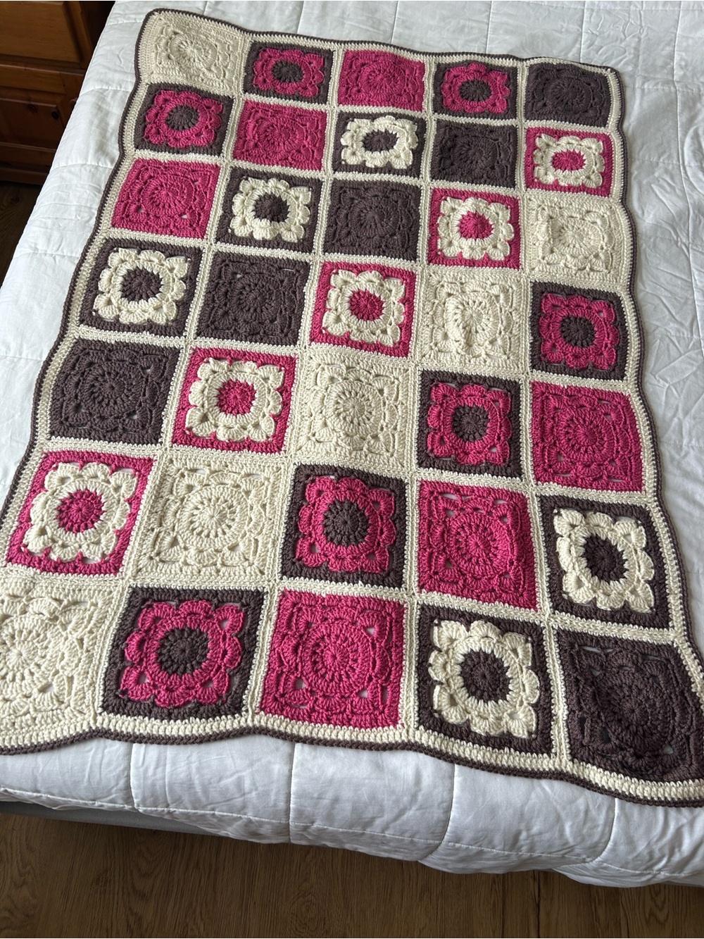 New handcrafted Crochet Throw Blanket - Cream, Pink, Brown 53X36